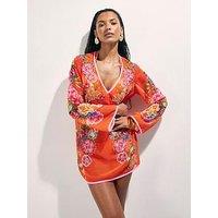 River Island Floral Emb Border Tunic - Orange