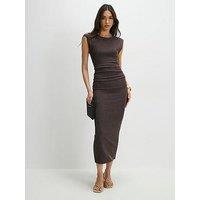 River Island Short Sleeve Texture Ruched Midi Dress - Brown