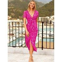 Sosandar Lurex Spot Twist Front Midi Dress - Pink