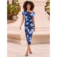 Sosandar Printed Floral Off The Shoulder Mesh Midi Dress - Navy