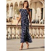Sosandar Blue Spot Print Frill Hem Midaxi Dress - Navy