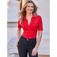 Sosandar Premium Rib Polo Collar Top - Navy