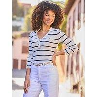 Sosandar Stripe V Neck Collar Knitted Rib Jumper - Ivory