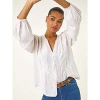 Roman Pleated V-Neck Cotton Blouse