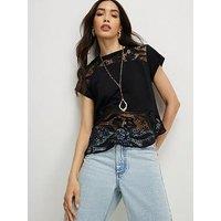 River Island Short Sleeve Spliced Lace T-Shirt - Black