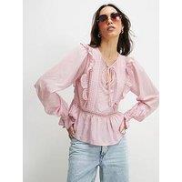River Island Long Sleeve Lace Insert Blouse - Pink