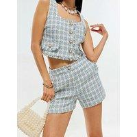 River Island Check Fringe Hem Boucle Short - Blue