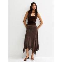 New Look Lace Trim Hanky Hem Midi Skirt - Dark Brown