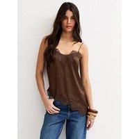 New Look Dark Brown Satin Asymmetric Lace Hem Cami Top