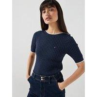 Tommy Hilfiger Cable Knit Boat Neck Short Sleeve Jumper - Dark Blue