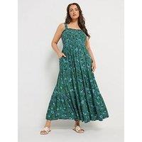Yours Curve Shirred Strappy Maxi Dress - Green