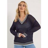 Yours Curve Open Stitch V-Neck Jumper - Blue