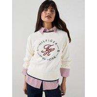 Tommy Hilfiger Logo Embroidery Relaxed Crew Neck Jumper - Cream