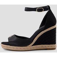 Tommy Hilfiger Logo Plaque Leather Wedge Heel Espadrilles - Black