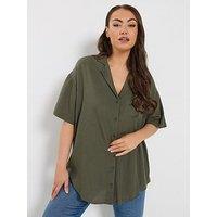 Yours Curve Linen Resort Shirt - Green