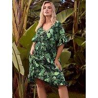 Yours Curve Crinkle Palm Leaf Beach Dress - Black