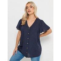 Yours Curve Linen Short Sleeve Blouse - Blue