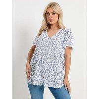 Yours Curve Linen Short Sleeve Blouse - Blue