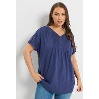 Yours Curve Short Sleeve Pintuck Henley T-Shirt - Blue