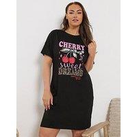 Yours Curve Cherry Dreams Sleeptee - Black