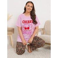 Yours Curve Cherry Animal Wide Leg Pyjama Set - Pink