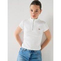 Calvin Klein Jeans Short Sleeve Woven Label 2X2 Baby Rib Zip Top - White