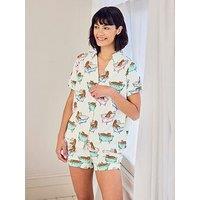 Chelsea Peers Cotton Bubble Bath Leopards Print Short Pyjama Set - Green