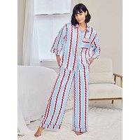Chelsea Peers Chelsea Peers Satin Wavy Stripe Long Pyjama Set - Red, White & Blue