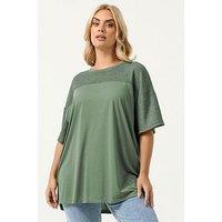 Yours Curve Boxy Mixed Fabric T-Shirt - Green