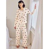 Chelsea Peers Cherry Stripe Print Cardigan Ribbed Long Pyjama Set