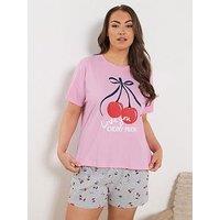 Yours Curve Cherry Slogan Sleep Top - Pink