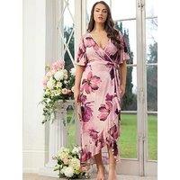 Yours Curve Floral Wrap Ruffle Dress - Pink