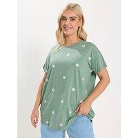 Yours Curve Embroidery Daisy T-Shirt - Green