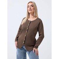 Yours Curve Long Sleeve Button Knit Top - Brown