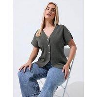 Yours Curve Double Button Knit Top - Grey
