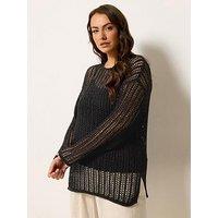 Yours Curve Tape Yarn Open Stitch Jumper - Black