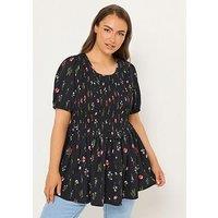 Yours Curve Textured Shirred Peplum Top - Black