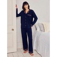 Chelsea Peers Chelsea Peers Cotton Embroidered Back Good Morning Long Pyjama Set - Navy