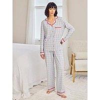 Chelsea Peers Embroidered Back Do Not Disturb Check Long Pyjama Set - Blue