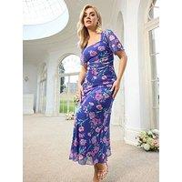 Yours Curve Floral Square Neck Mesh Maxi Dress - Blue