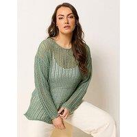 Yours Curve Tape Yarn Open Stitch Jumper - Green