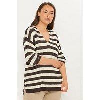 Yours Curve Tape Yarn Stripe Jumper - Brown
