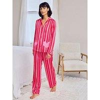 Chelsea Peers Satin Heart Pocket Striped Long Pyjama Set - Pink