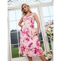 Yours Curve Floral V Neck Pleated Skater Dress - Pink