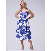 Yours Curve Floral V Neck Pleated Skater Dress - Blue/White