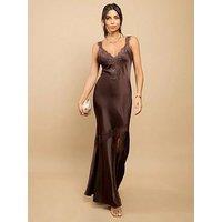 Little Mistress Satin Lace Detail Maxi Dress - Brown