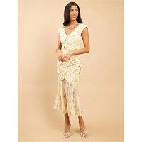 Little Mistress Floral Print Ruched Midaxi Dress - Yellow