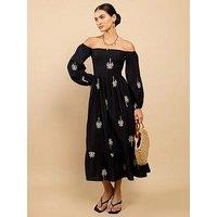 Little Mistress Black Embroidered Bardot Midaxi Dress