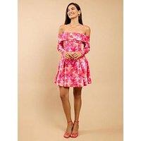 Little Mistress Pink Floral Print Bardot Mini Dress - Multi