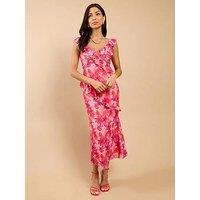 Little Mistress Pink Floral Print Ruffle Midaxi Dress